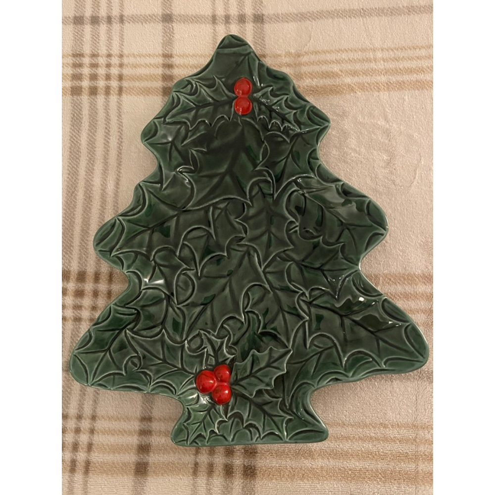 Vintage Lefton Holly Tree Ceramic Dish 12x9.5” Christmas Tray 1970/71 Japan